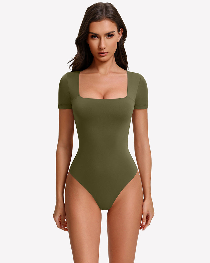 Army green short-sleeve square-neck bodysuit with fitted one-piece silhouette