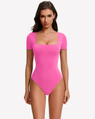 Square-neck short-sleeve bodysuit in pink, fitted one-piece with square neckline