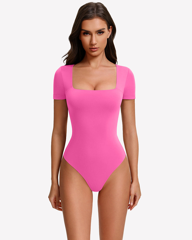 Square-neck short-sleeve bodysuit in pink, fitted one-piece with square neckline