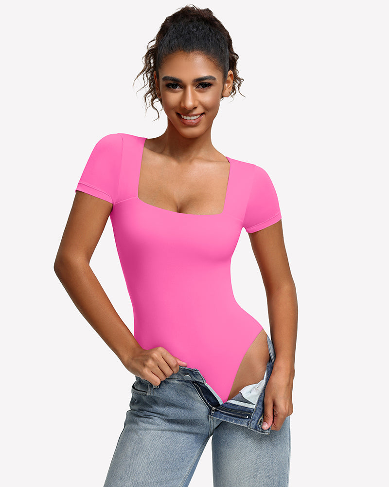 Hot pink short-sleeve square-neck bodysuit with fitted one-piece silhouette
