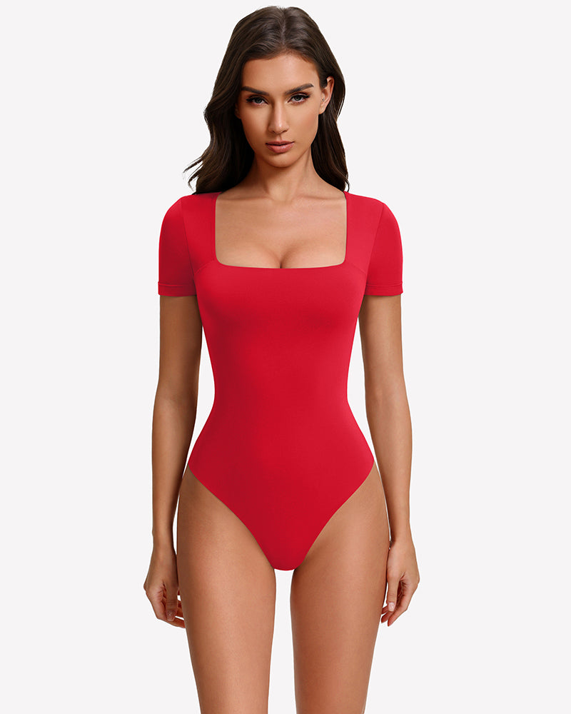 Square-neck short-sleeve bodysuit in red, fitted one-piece with high-cut legs