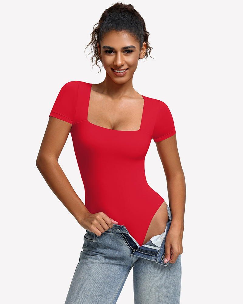 Square-neck short-sleeve bodysuit in red, fitted one-piece with square neckline