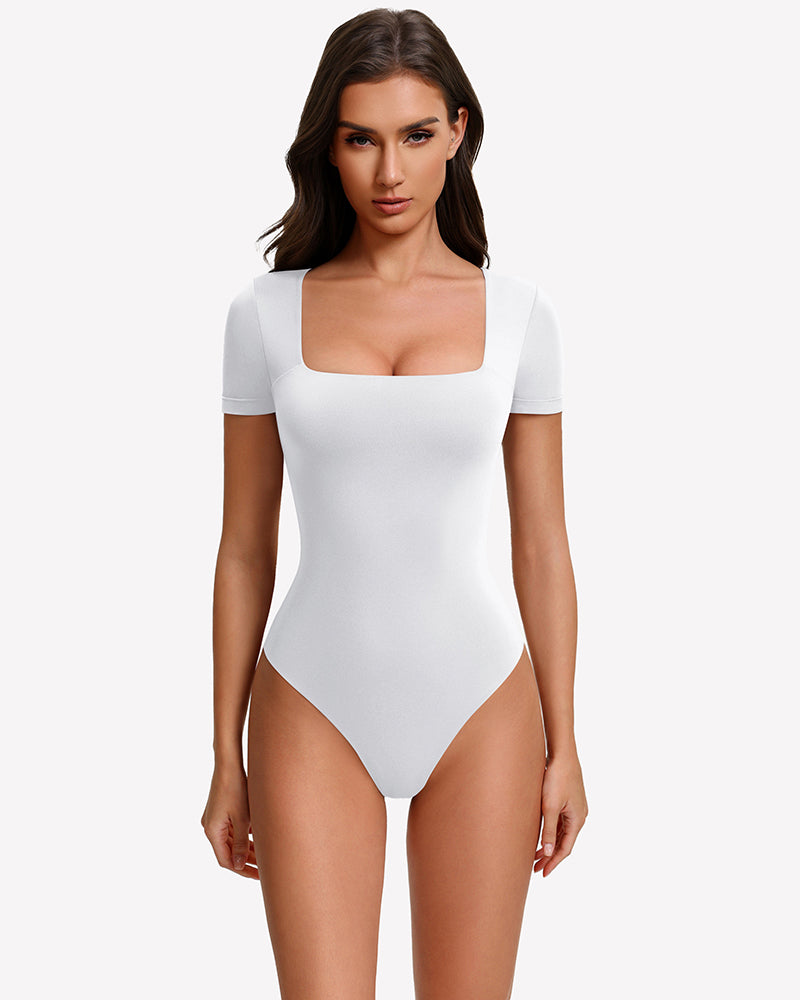 White short-sleeve square-neck bodysuit with fitted one-piece silhouette