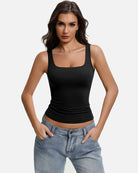Square-neck tank top, slim fit, sleeveless black with wide straps