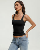 Square-neck tank top, slim fit, sleeveless black with wide straps