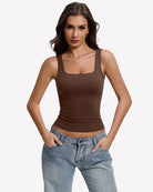 Square-neck tank top, slim fit, sleeveless brown with wide straps