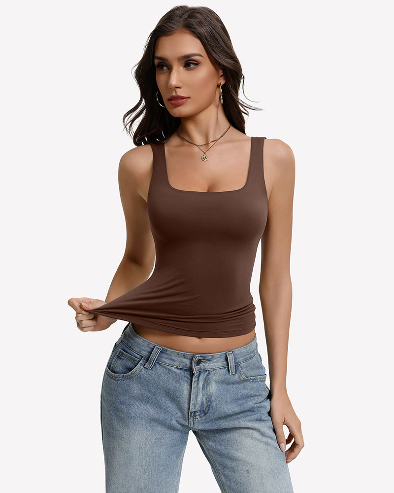 Square-neck tank top, slim fit, sleeveless brown with wide straps