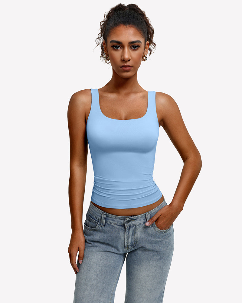 Square-neck tank top, slim fit, sleeveless light blue with wide straps
