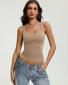Square-neck tank top, slim fit, sleeveless beige with wide straps
