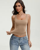 Square-neck tank top, slim fit, sleeveless tan with wide straps