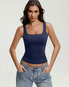 Square-neck tank top, slim fit, sleeveless navy with wide straps