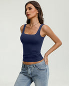 Square-neck backless tank top, dark blue slim fit with wide straps