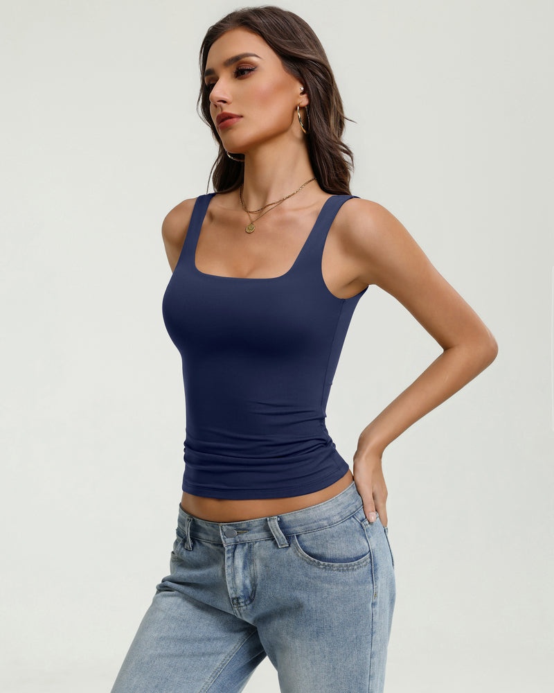 Square-neck backless tank top, dark blue slim fit with wide straps