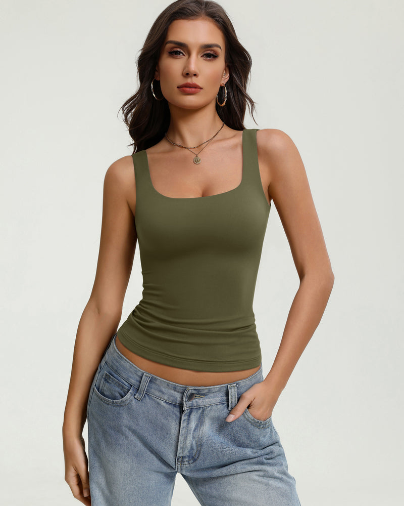 Square-neck backless tank top, olive green slim fit with wide straps