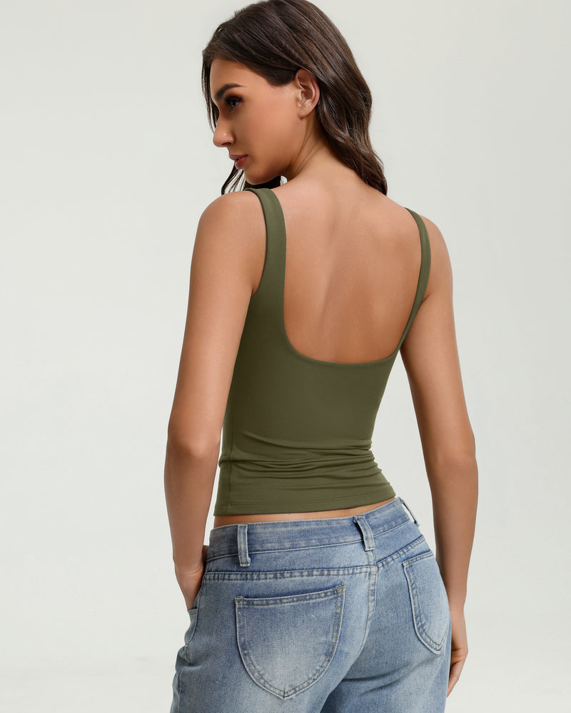 Square-neck backless tank top back view, olive green with scooped open back