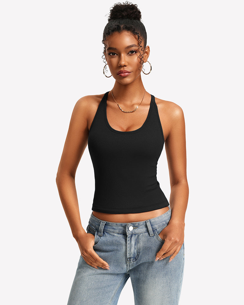 Black ribbed tank top with built-in bra and lace racerback