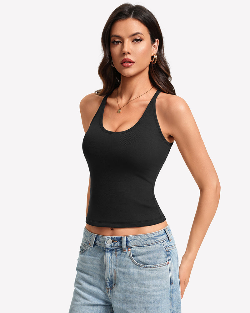 Black ribbed tank top with built-in bra and lace racerback