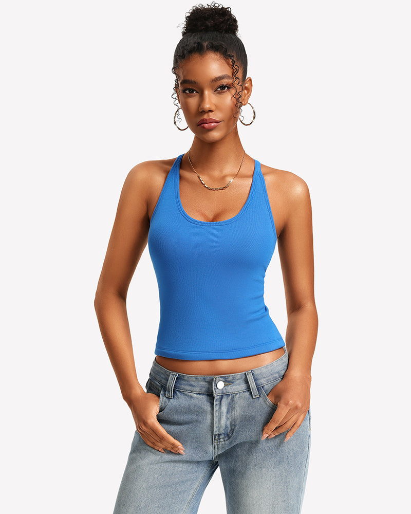 Ribbed tank top with built-in bra, bright blue, scoop neck, wide racerback straps