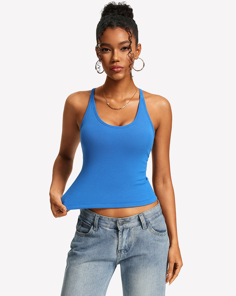 Blue ribbed tank top with built-in bra and lace racerback