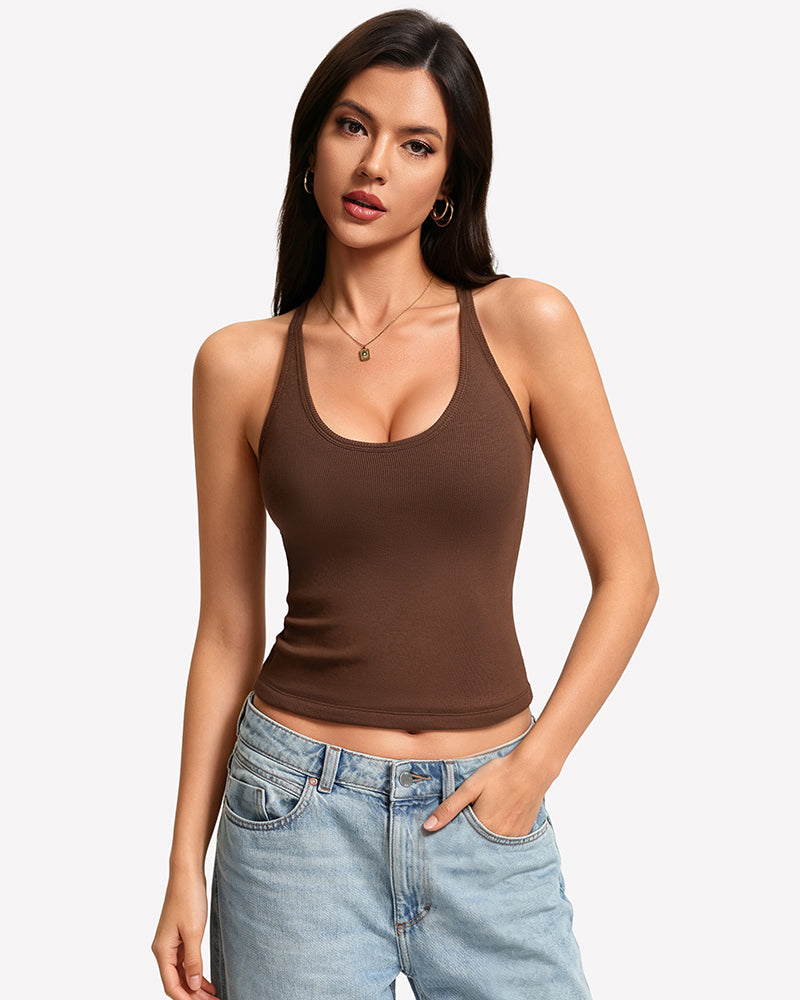 Brown ribbed tank top with built-in bra and lace racerback