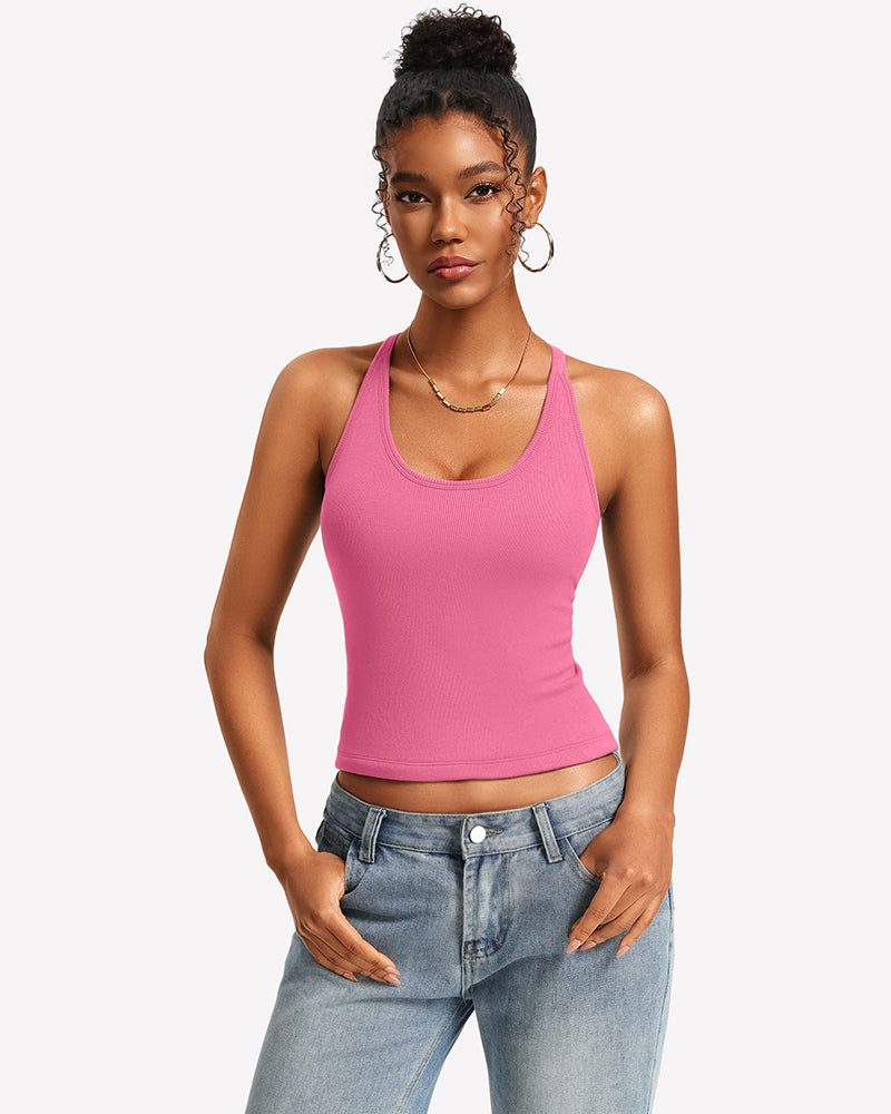 Pink ribbed tank top with built-in bra and lace racerback