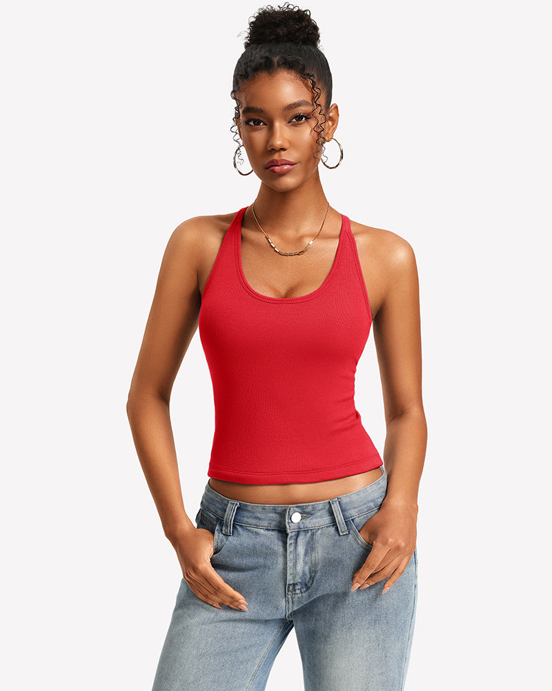 Red ribbed tank top with built-in bra and lace racerback