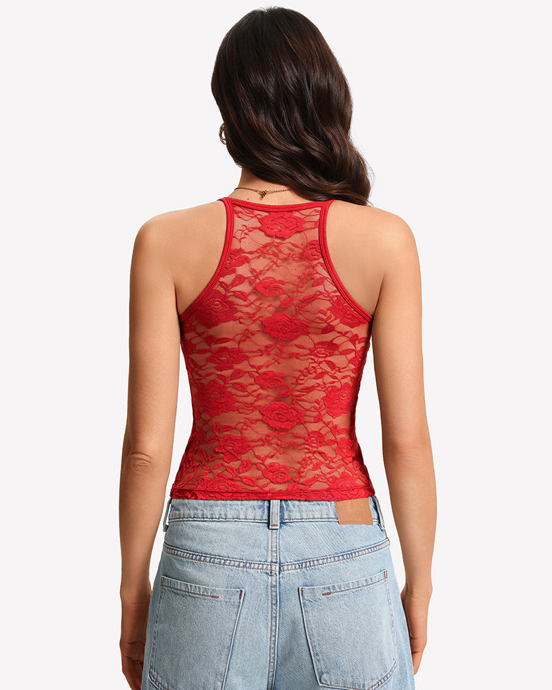 Red lace racerback tank with built-in bra and scalloped back detail