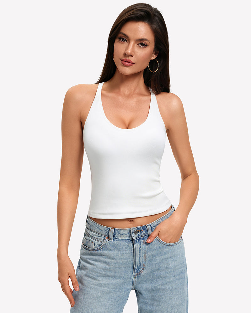 White racerback tank with built-in bra and scoop neckline