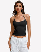 Black halter crop camisole with double lining and low scoop neckline