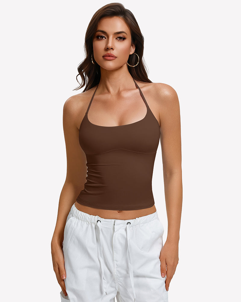 Brown halter crop camisole with double lining and low scoop neckline
