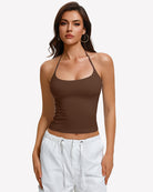 Brown halter crop camisole with double lining and low scoop neckline