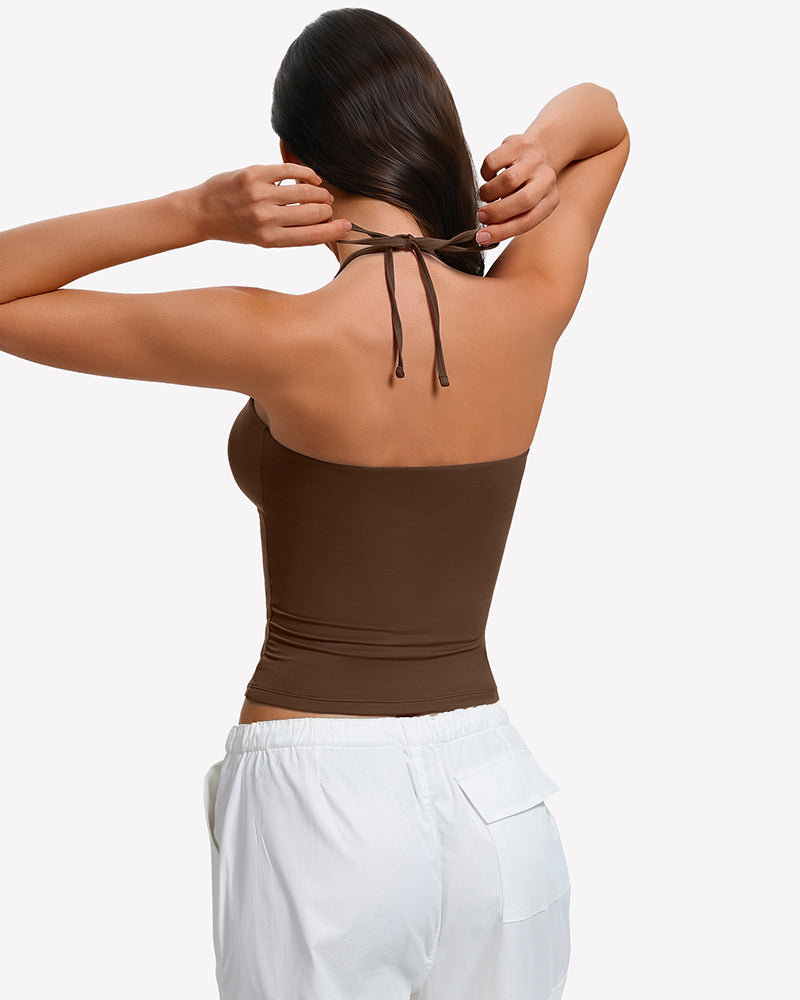 Brown backless halter crop camisole with tie straps at the open back
