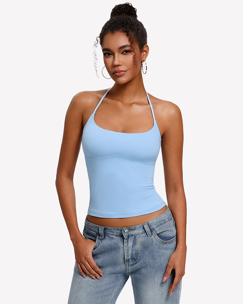 Light blue halter crop top with double-lined camisole and back tie straps