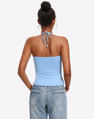 Light blue backless halter crop top with tied neck straps, double-lined camisole