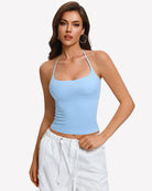 Light blue halter crop camisole with double lining and low scoop neckline
