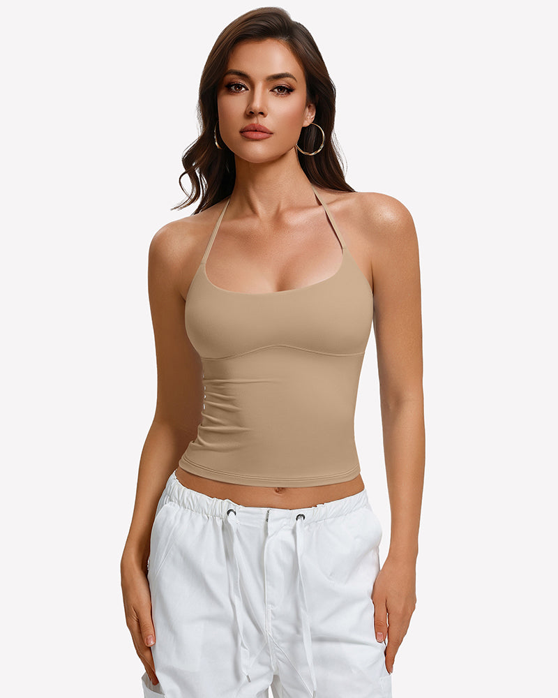 Nude halter crop top with double-lined camisole and thin neck straps