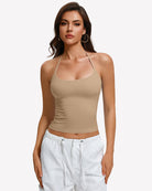 Nude halter crop top with double-lined camisole and thin neck straps