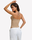 Nude backless halter crop top with tied neck straps, double-lined camisole