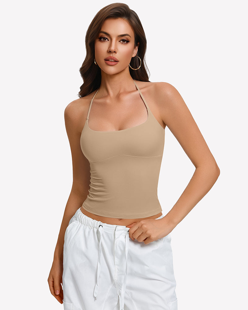 Nude halter crop camisole with double lining and low scoop neckline