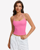 Pink halter crop camisole with double lining and low scoop neckline
