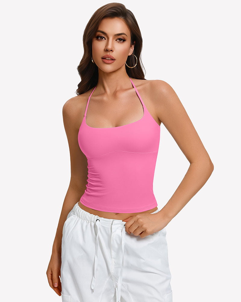 Pink halter crop camisole with double lining and low scoop neckline