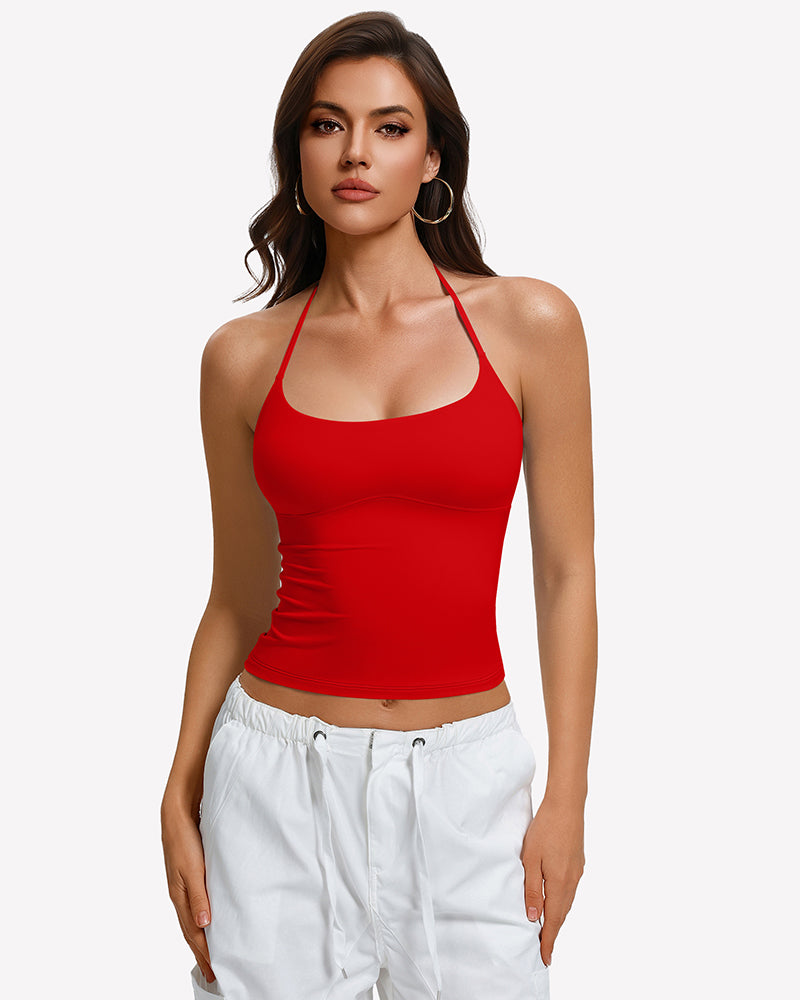 Red halter crop top with double-lined camisole and thin neck straps