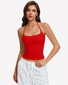 Red halter crop camisole with double lining and low scoop neckline
