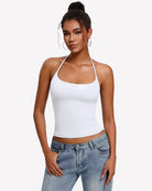 White halter crop camisole with double lining and low scoop neckline