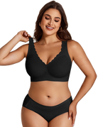 Black wireless bralette with deep V neckline and scalloped lace trim