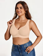 Wireless lace bralette in nude with deep V scalloped edge and underwire-free support