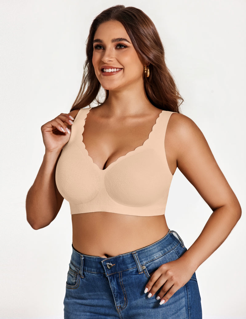 Wireless lace bralette in nude with deep V scalloped edge and underwire-free support