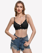 Black lace V-neck balconette underwire bra with scalloped edges