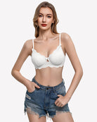 White lace V-neck balconette underwire bra with scalloped lace trim