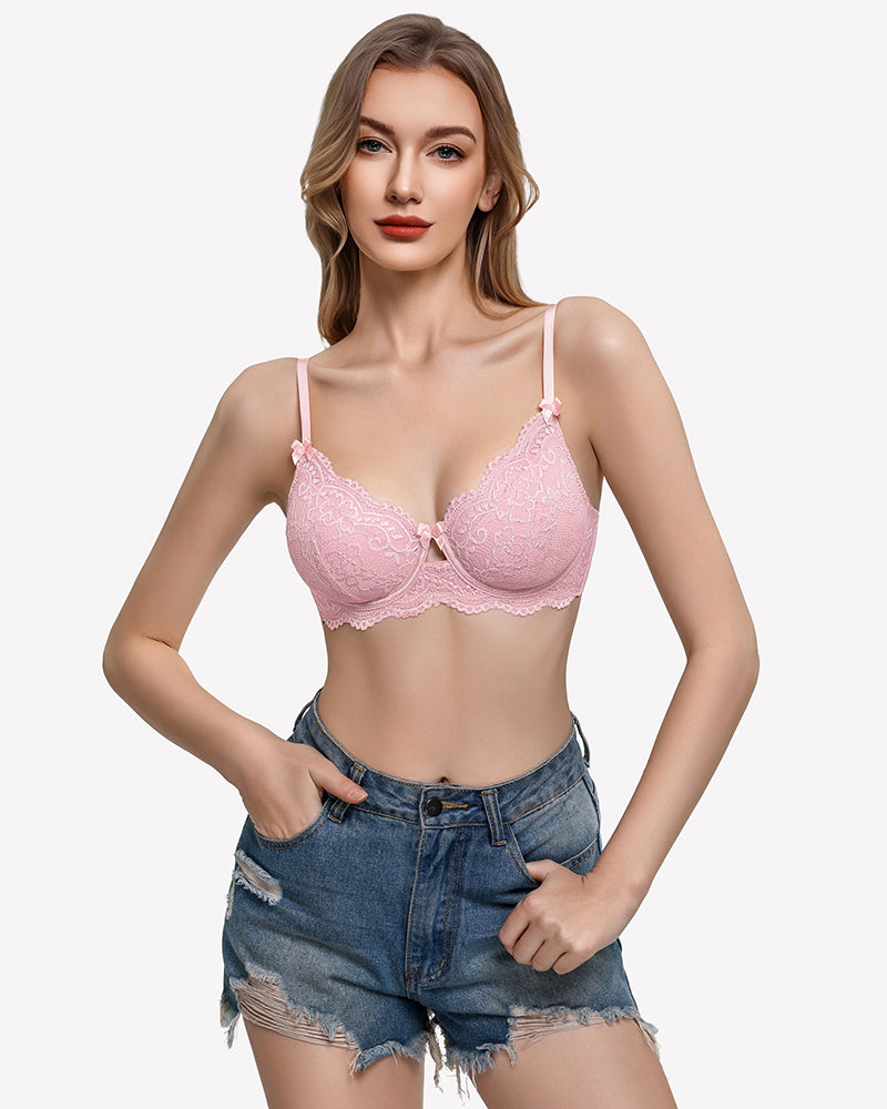 Pink lace V-neck balconette underwire bra with scalloped lace edges